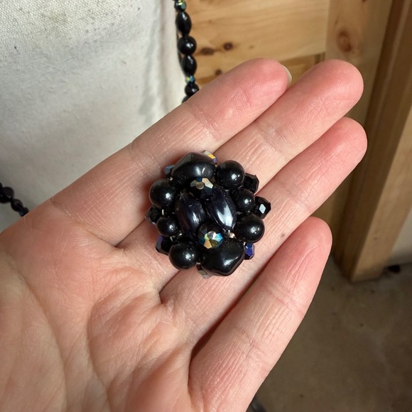 Vintage Park Lane Black Beaded Necklace & Clip Earring Set Aurora Borealis - Picture 7 of 8